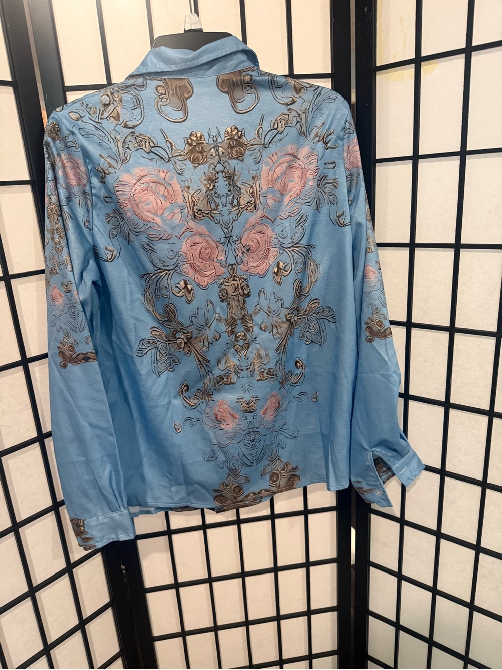 Light Blue Floral Button-Up Blouse with Pink Roses - Picture 2 of 6